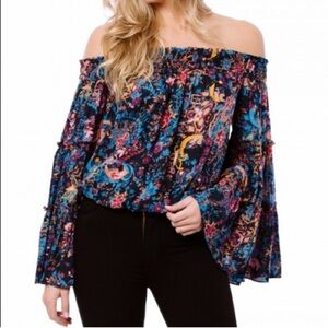 Free‎ People Black and Pink/blue Off-the-Shoulder Bell Sleeve Blouse